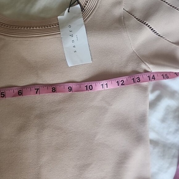 Sandro Paris Blush Pink Fit & Flare Knit Dress Short Sleeve A-Line - Picture 15 of 16